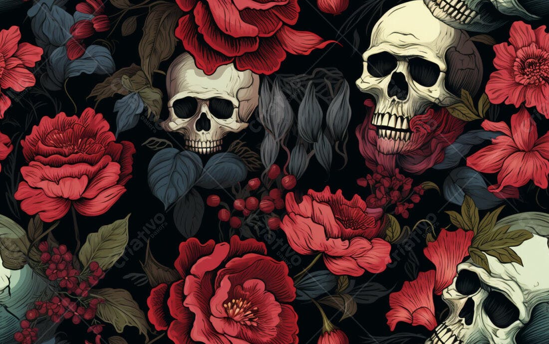 Textura floral caveira com rosas vermelhas para papel de parede
