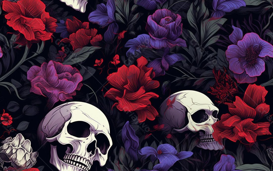 Textura Floral Caveira Vermelha e Roxa para Fundo