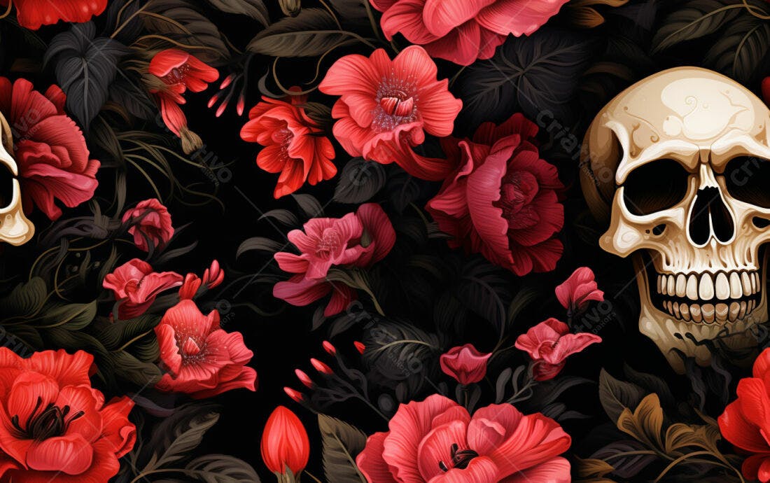 Textura floral caveira e rosas vermelhas para papel de parede