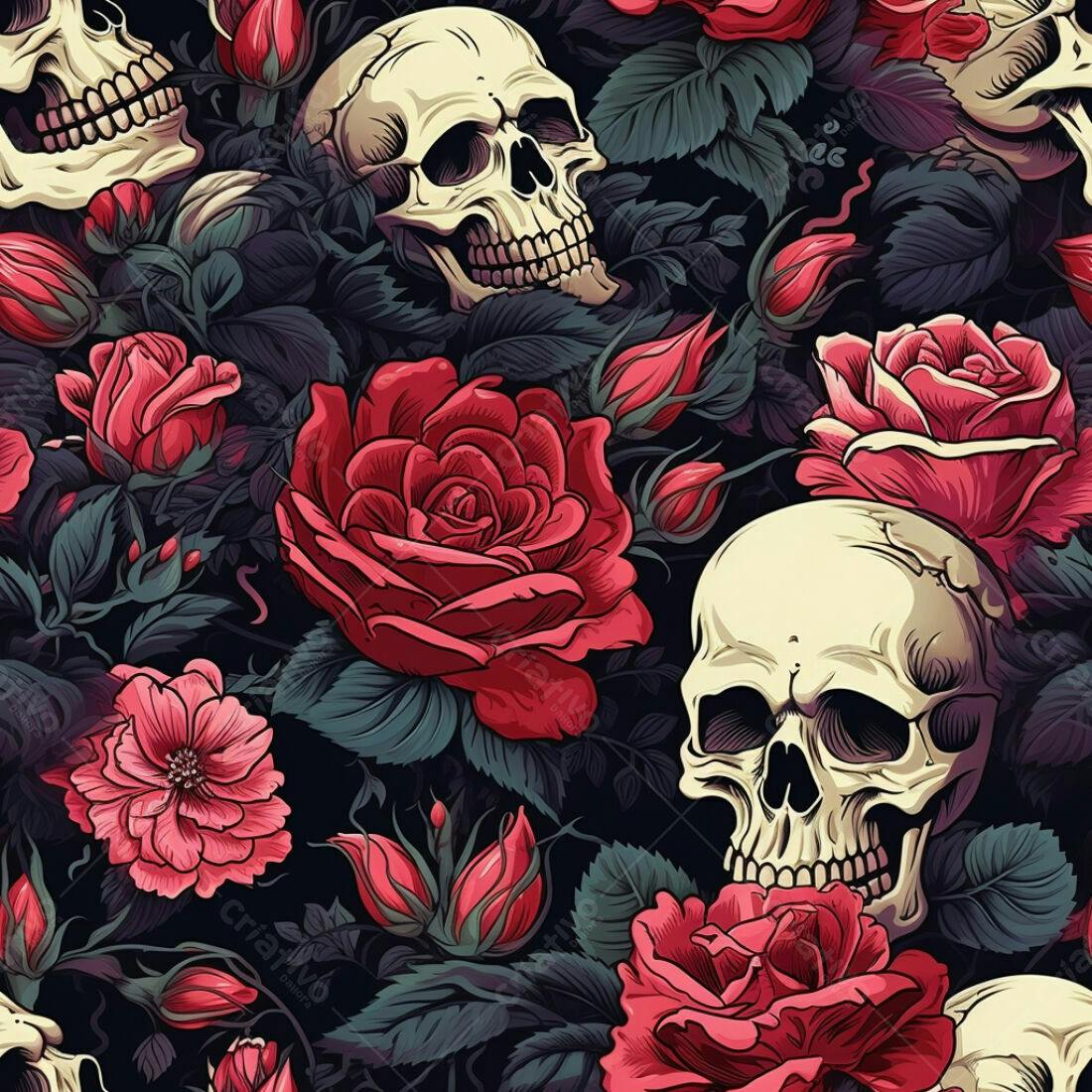 Textura caveira e rosas vermelhas para fundo sombrio