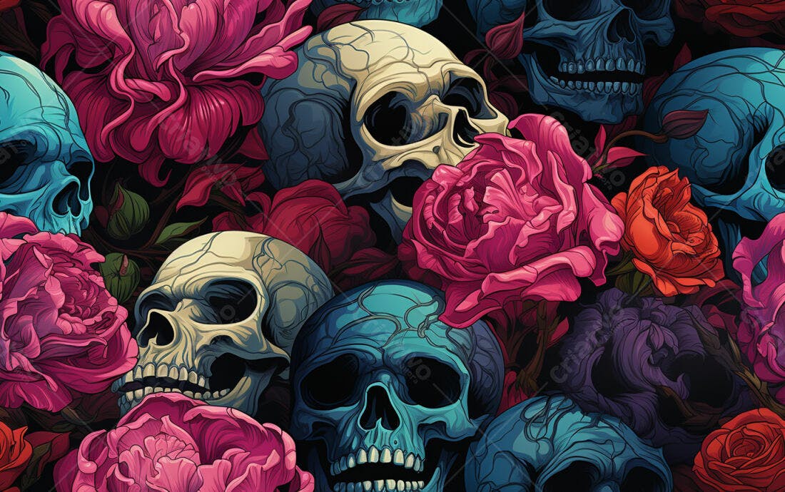 Textura Caveiras e Rosas para Papel de Parede