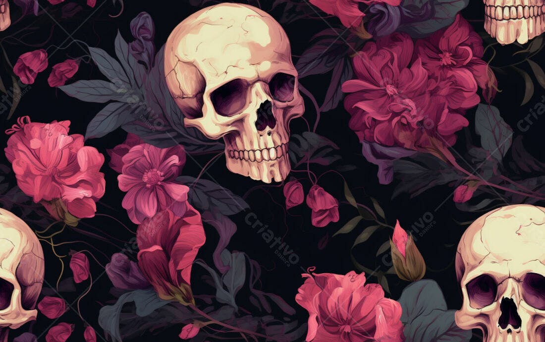 Textura caveira e flores para fundo dark