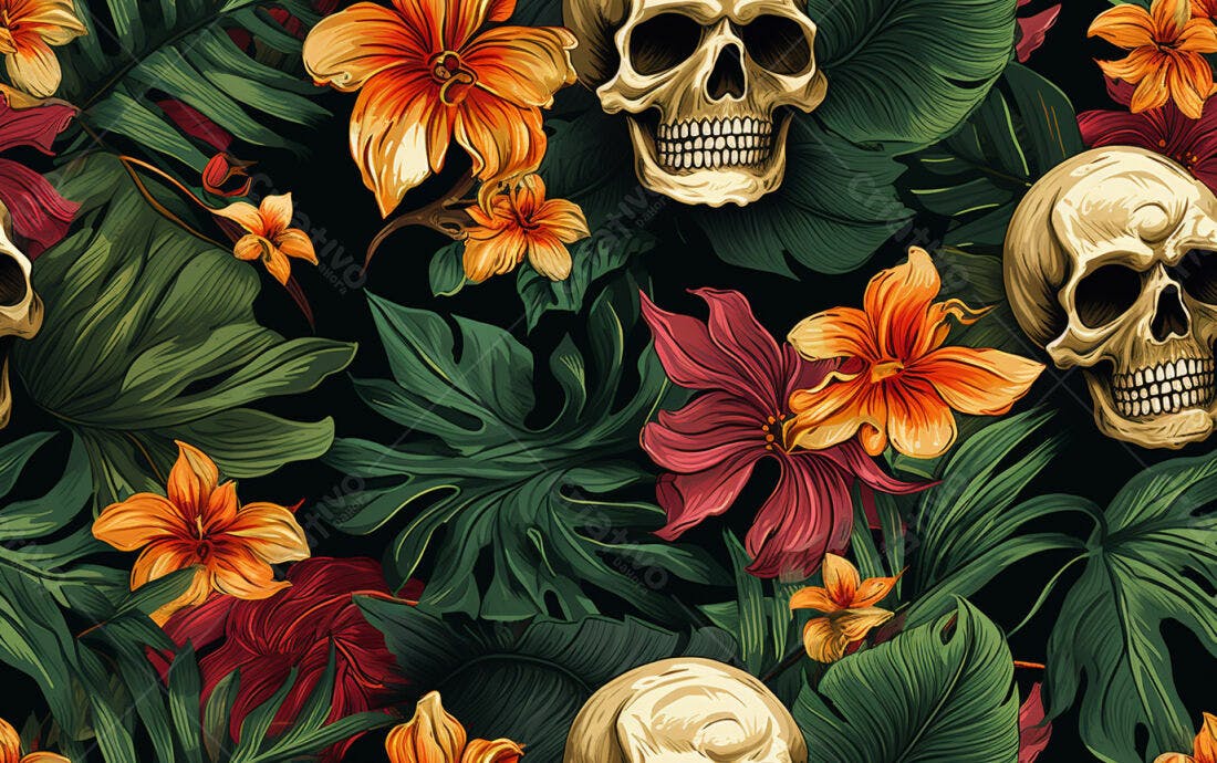 Textura Floral Caveiras Tropicais para Fundo