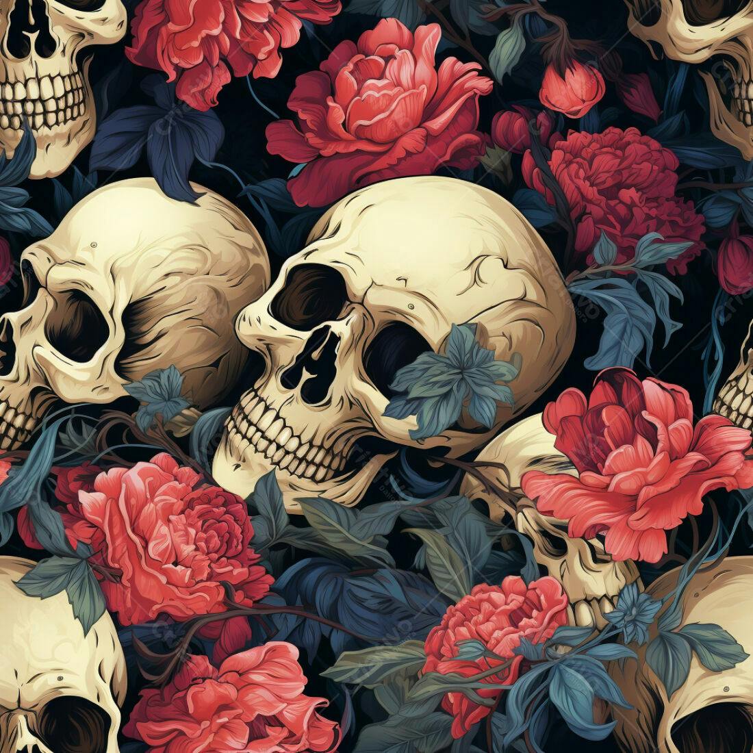 Textura caveiras e rosas para papel de parede