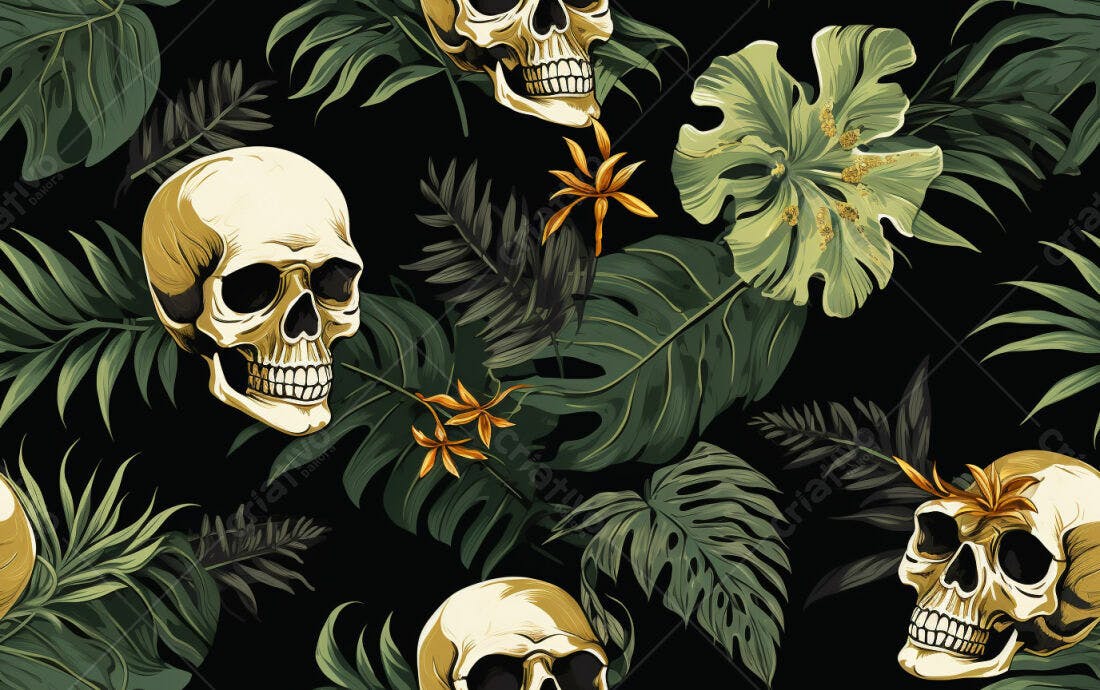 Textura caveiras tropicais para fundo escuro
