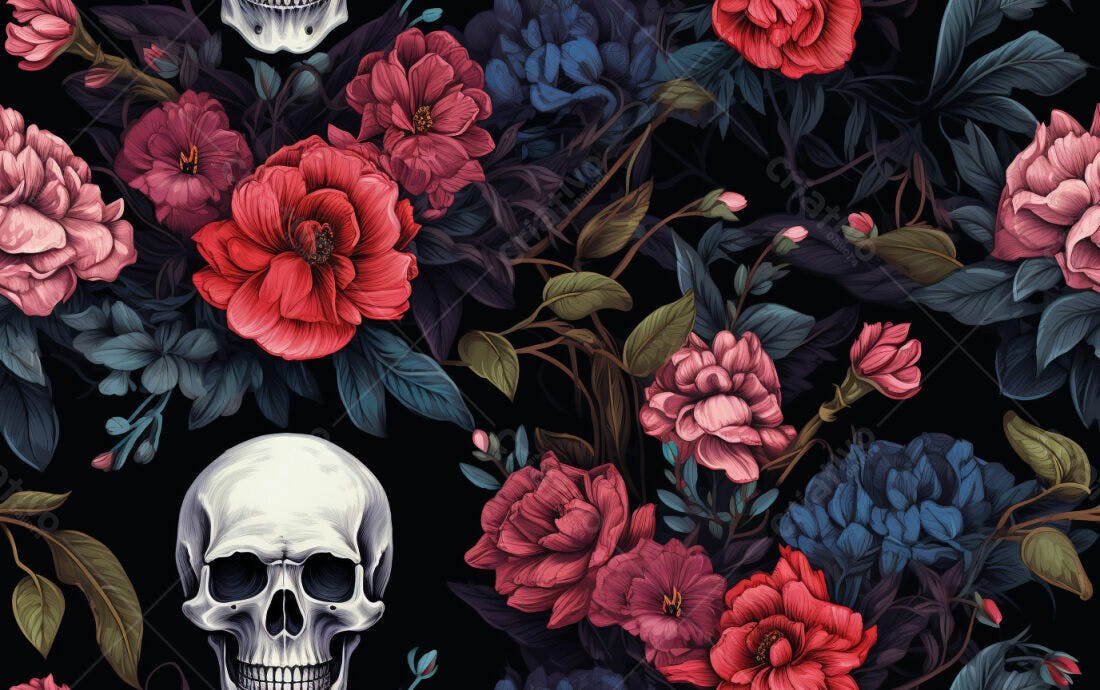 Textura Floral Gótica com Caveiras para Fundo