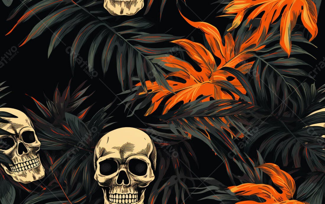 Textura Folhas Tropicais e Caveiras para Fundo Escuro