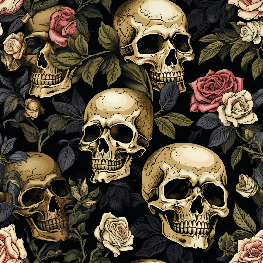 Textura caveira e rosas para fundo sombrio