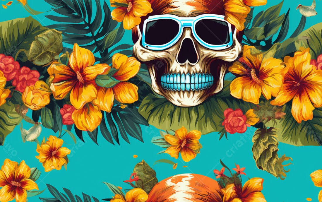 Textura Floral Tropical com Caveira para Papel de Parede