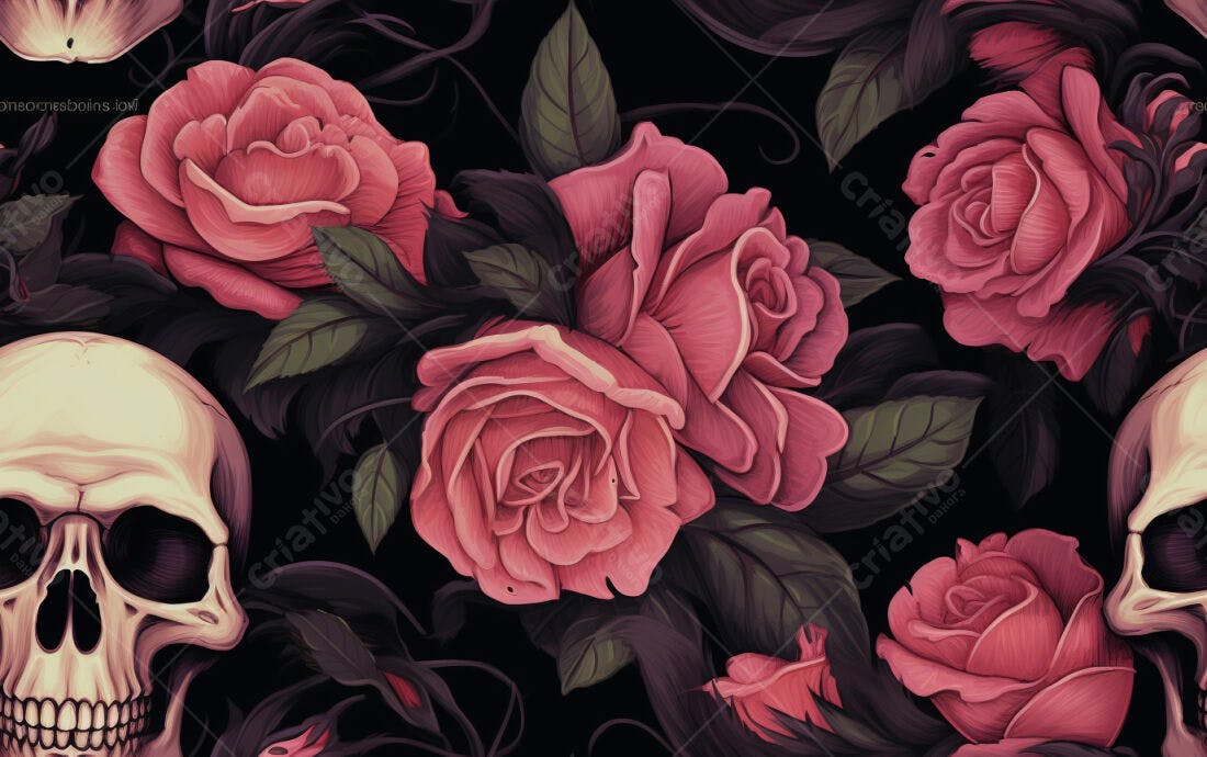 Textura Rosas e Caveiras para Fundo Escuro