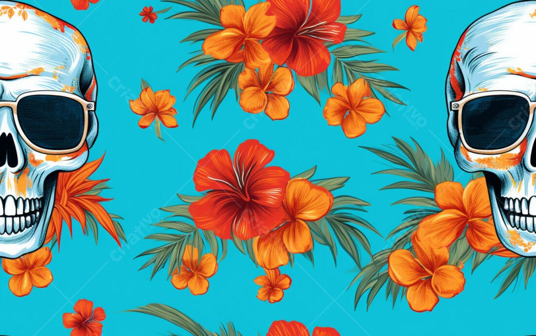 Textura floral tropical com caveiras para papel de parede