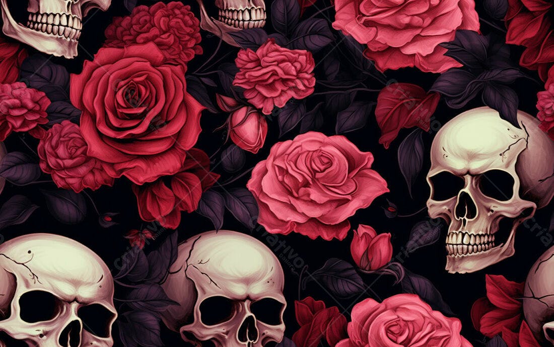 Textura Caveiras e Rosas Vermelhas para Fundo