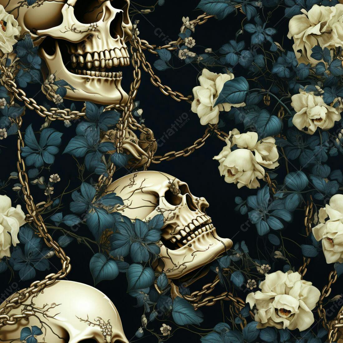 Textura Caveira e Rosas para Papel de Parede