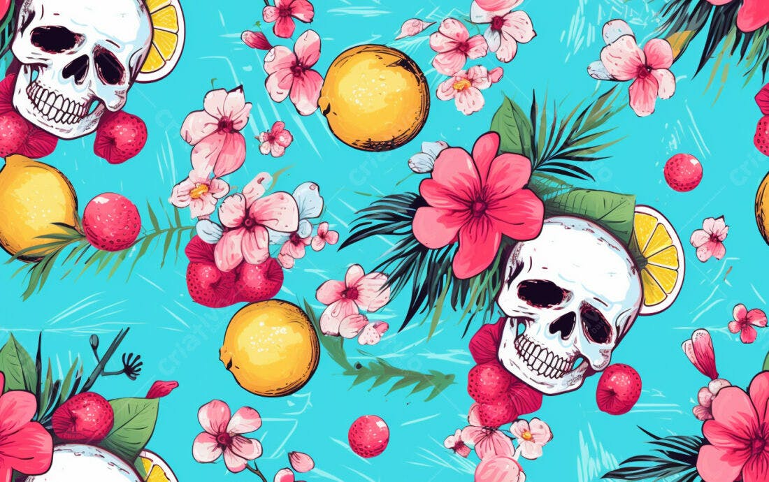Textura Caveiras Flores e Frutas para Papel de Parede