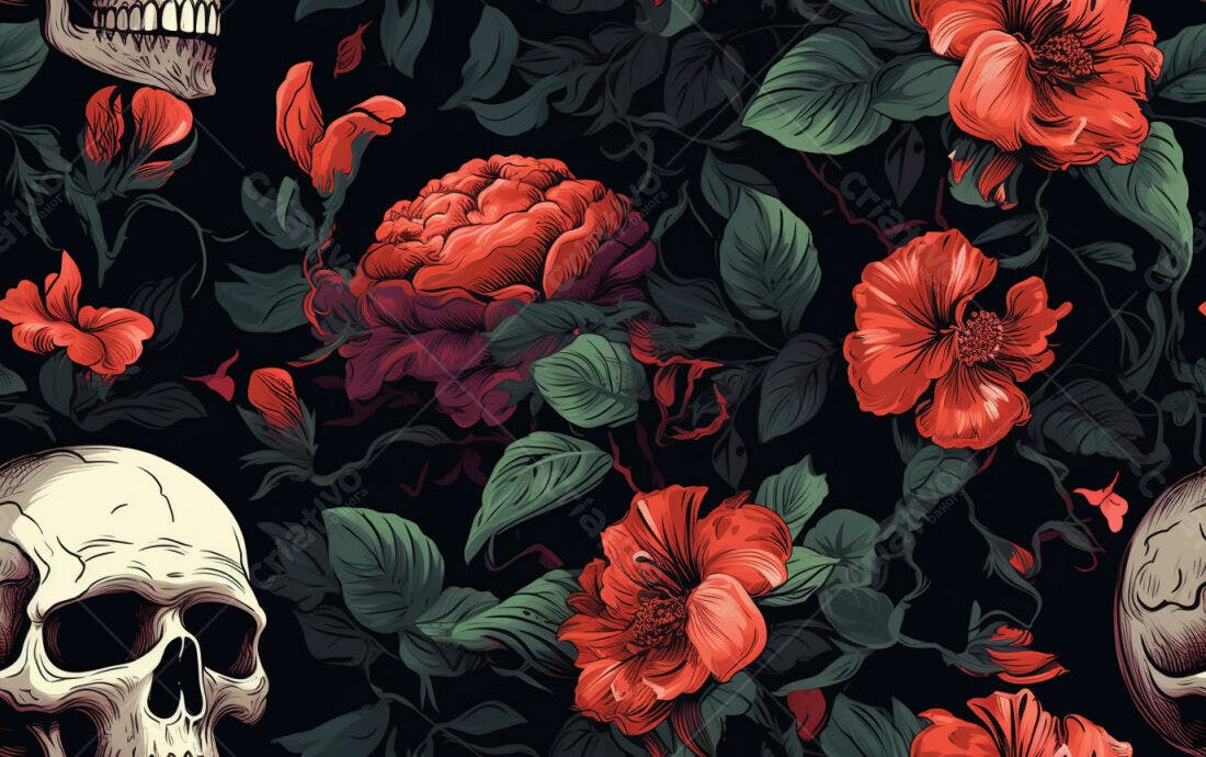 Textura Flores e Caveiras para Fundo Escuro