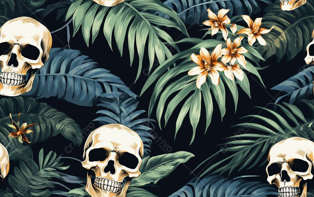 Textura Tropical Caveiras e Folhas para Papel de Parede