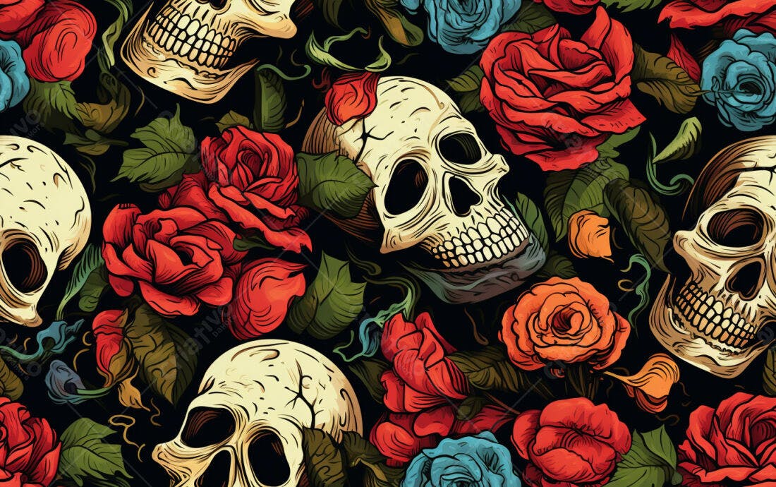 Textura Caveiras e Rosas para Papel de Parede