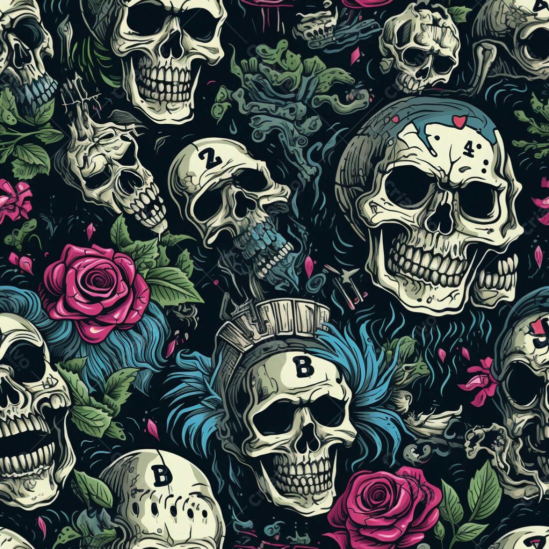 Textura Caveiras e Rosas para Papel de Parede