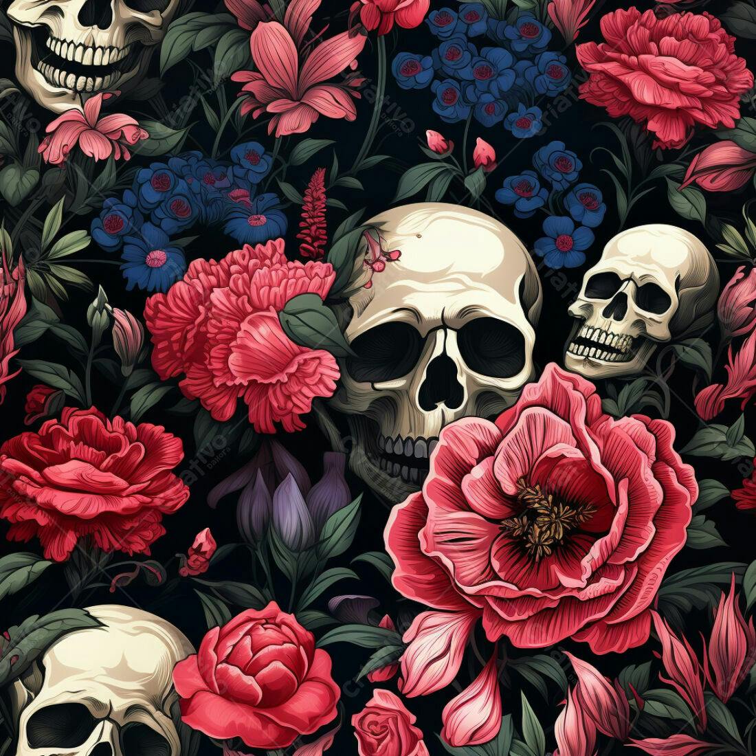 Textura caveira e flores para papel de parede
