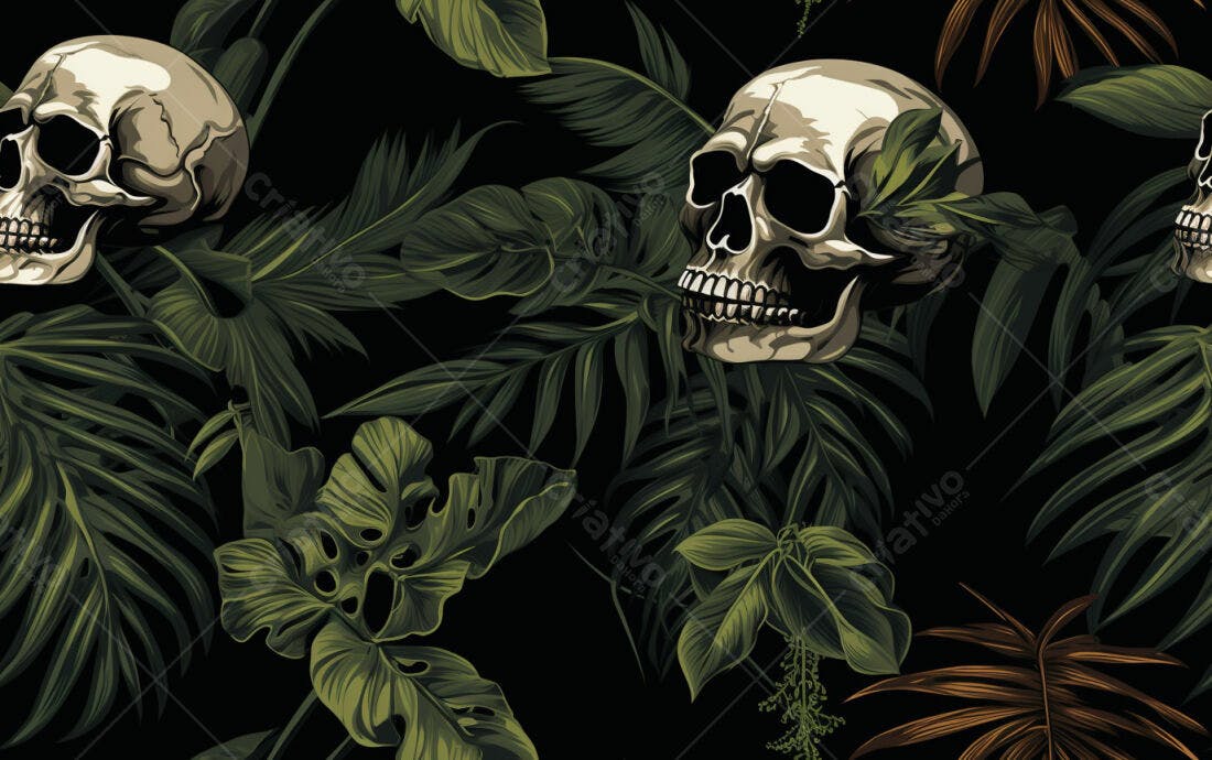 Textura Folhas Tropicais com Caveiras para Fundo