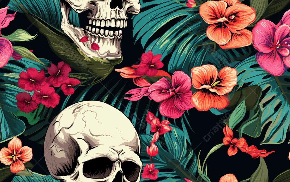 Textura Floral Caveiras Tropicais para Fundo
