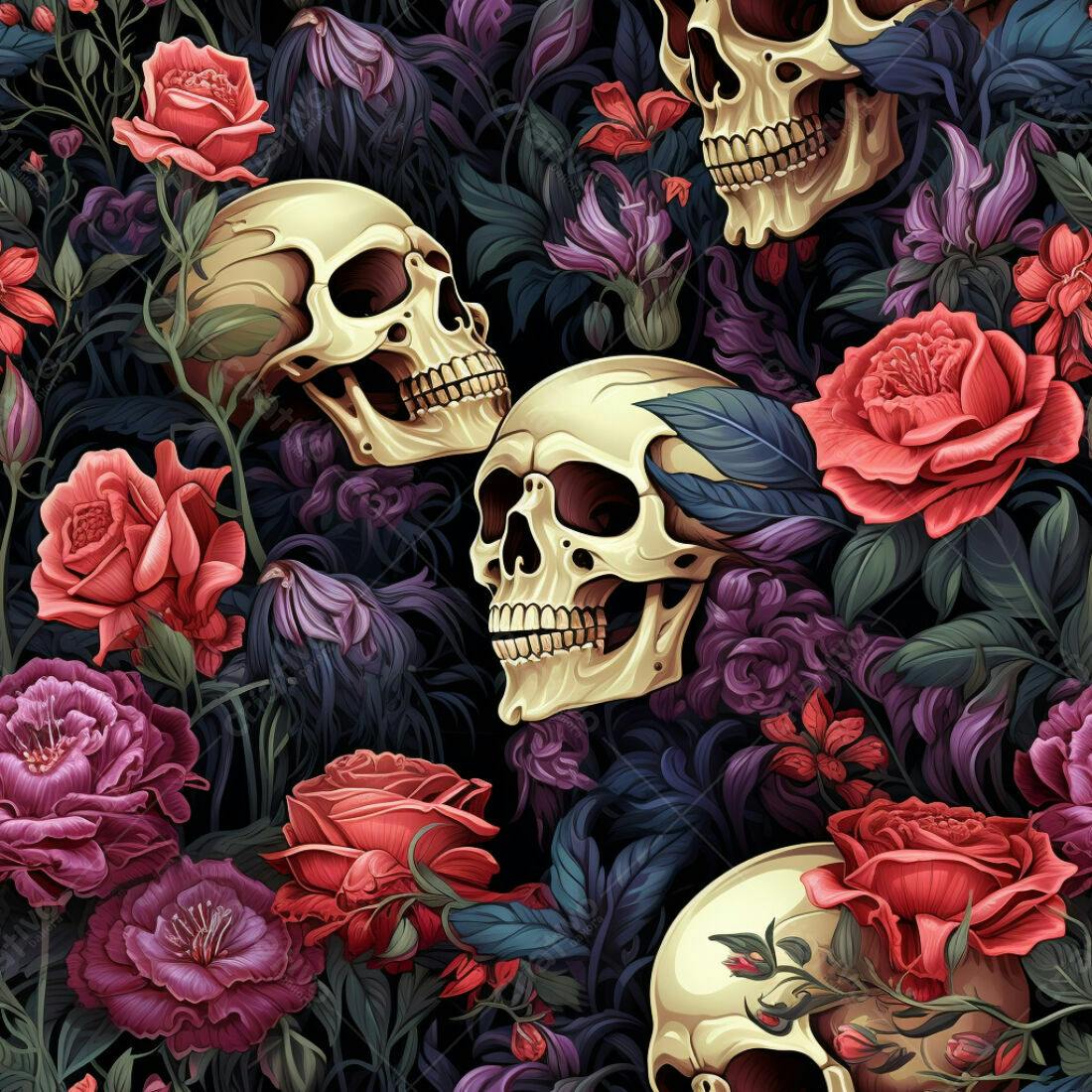 Textura Caveiras e Rosas para Fundo Escuro