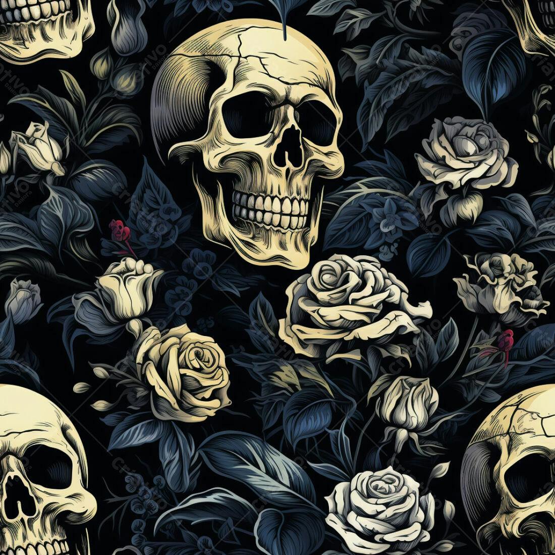Textura Caveira e Rosas para Papel de Parede