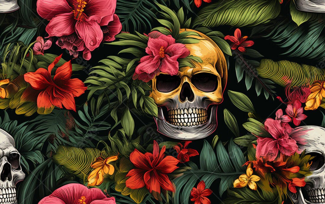 Textura Caveiras Tropicais para Papel de Parede
