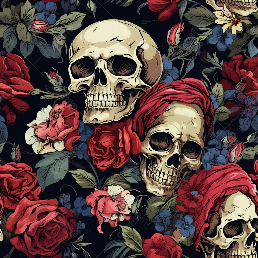 Textura Caveiras e Rosas para Papel de Parede
