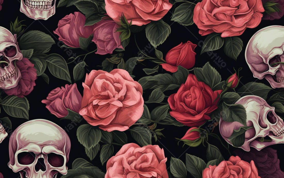 Textura Rosas e Caveiras para Papel de Parede