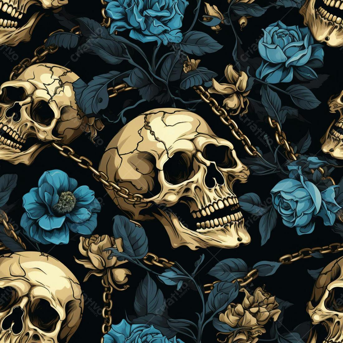 Textura caveiras e rosas azuis para fundo gótico