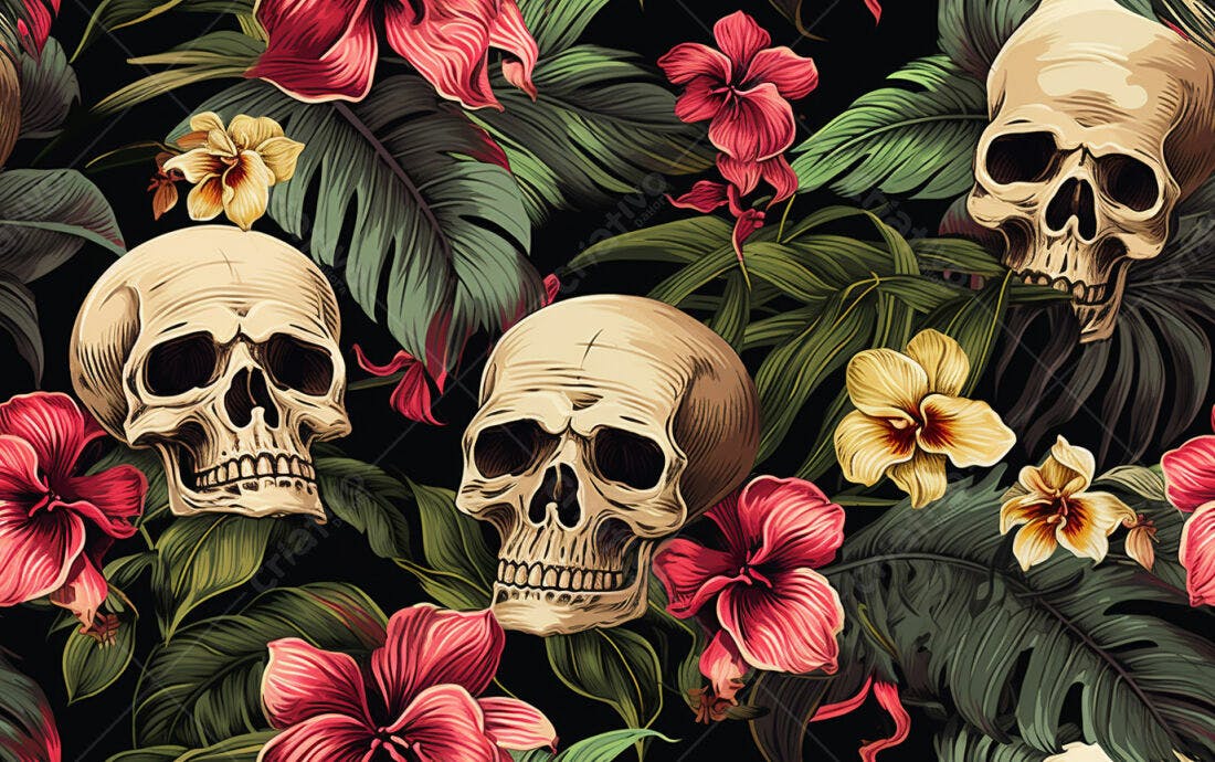 Textura Caveiras Tropicais para Fundo Escuro