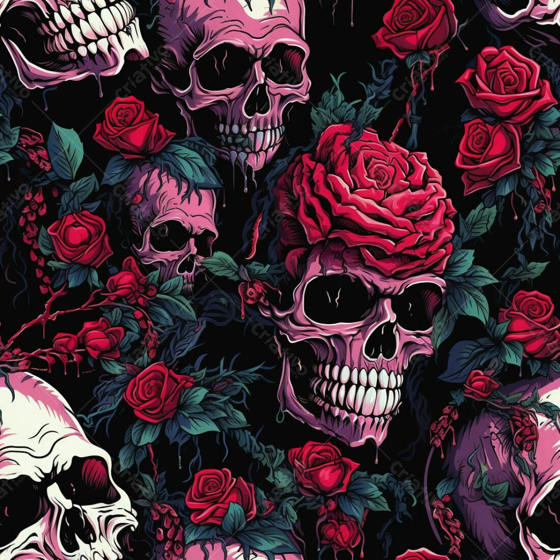 Textura Caveira e Rosas para Fundo Escuro