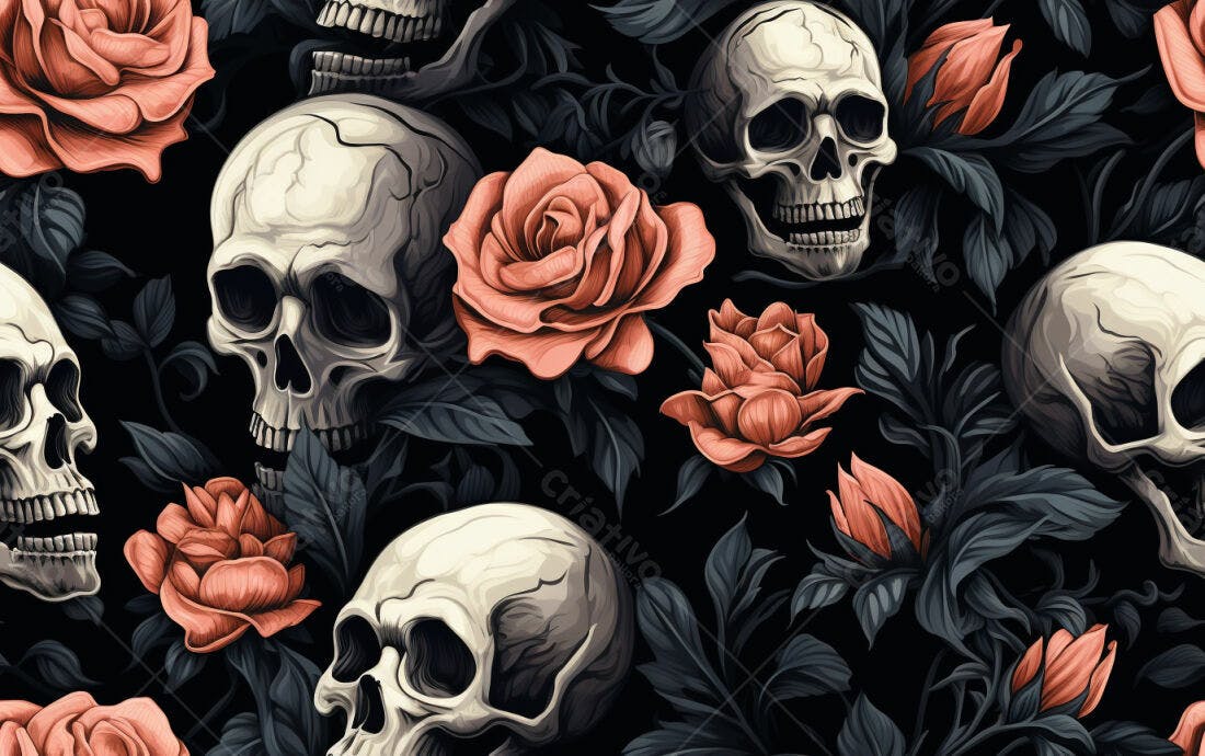 Textura Caveiras e Rosas para Papel de Parede