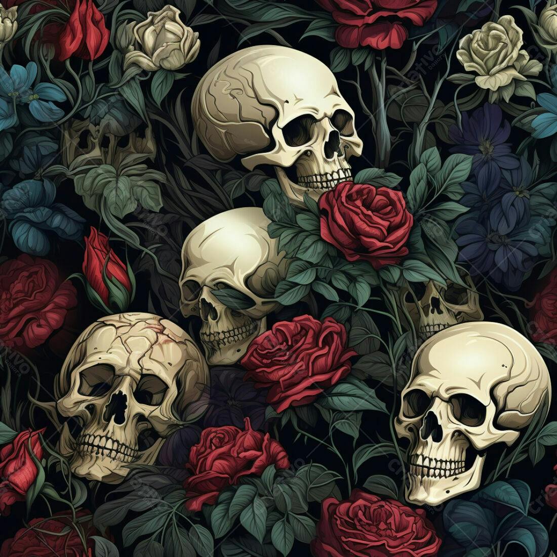 Textura Caveiras e Rosas para Papel de Parede