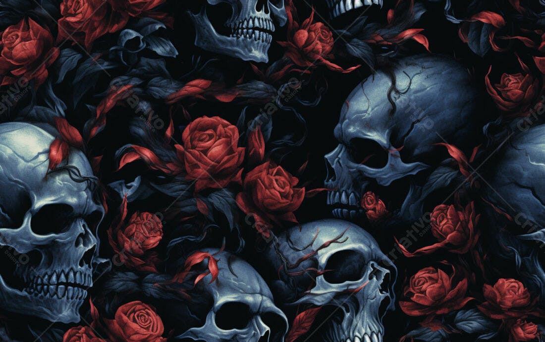 Textura caveiras e rosas escuras para fundo gótico