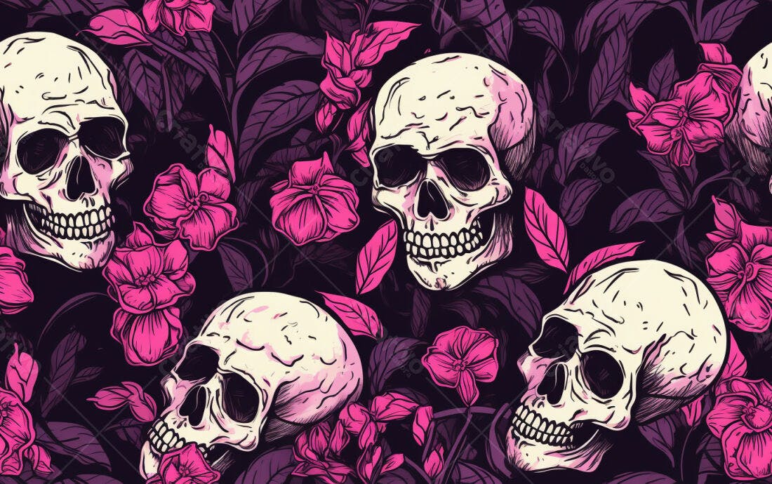 Textura Caveiras e Flores para Fundo Gótico
