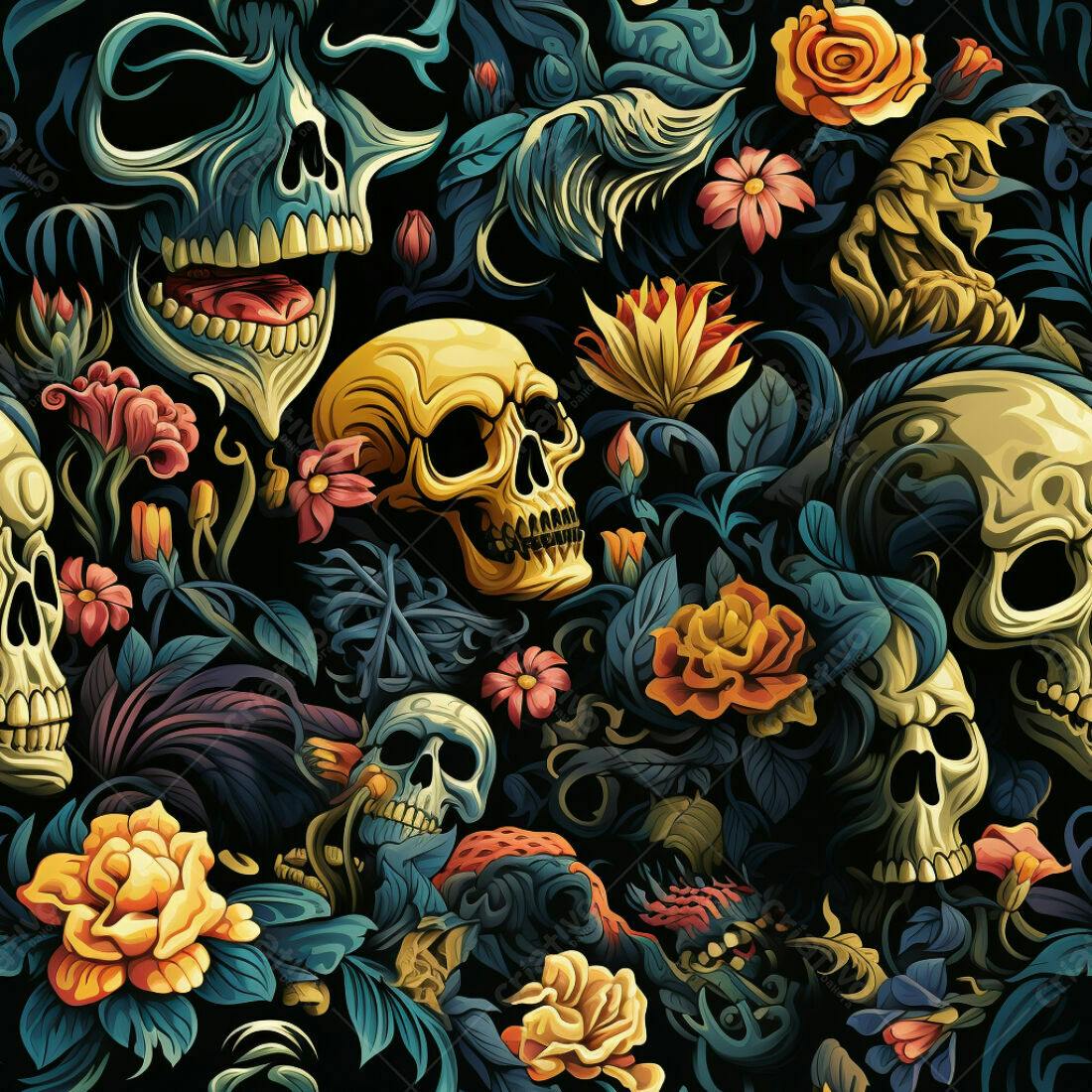 Textura Caveira e Flores para Fundo Escuro