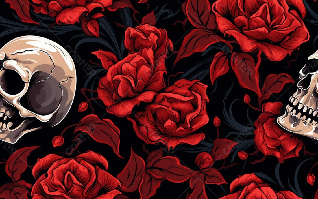 Textura Rosas e Caveiras para Fundo Escuro
