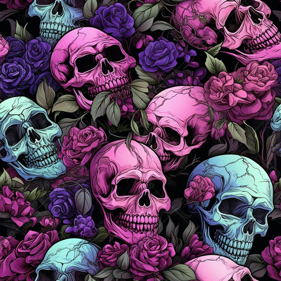Textura Caveiras e Rosas para Papel de Parede