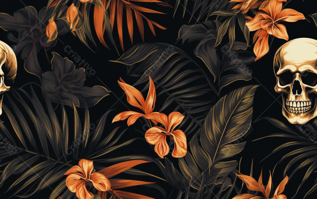 Textura floral tropical com caveiras para papel de parede