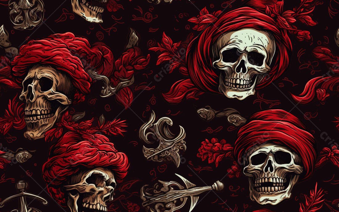 Textura caveiras com turbante vermelho para fundo escuro