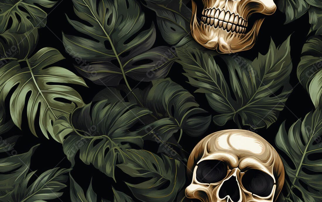 Textura Folhas Tropicais e Caveiras para Fundo Escuro