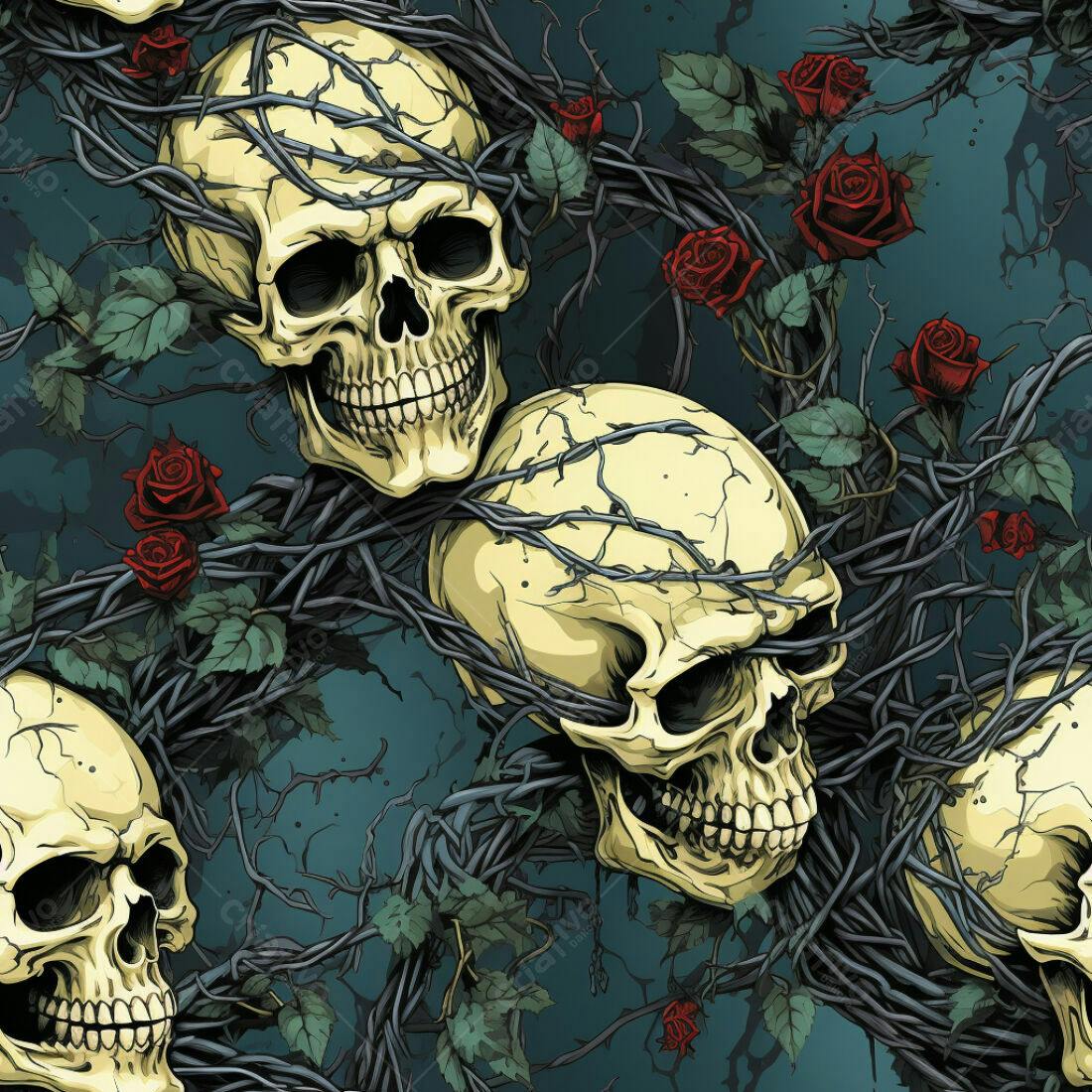 Textura Caveiras e Rosas para Fundo Escuro