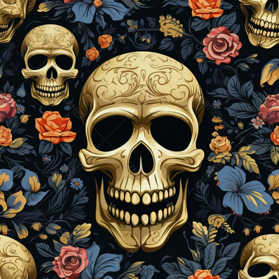 Textura Caveira com Flores para Fundo Escuro