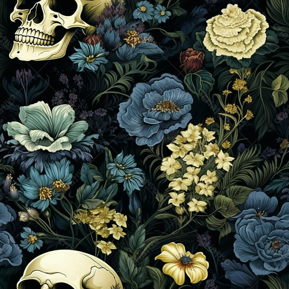 Textura Floral Gótica com Caveiras para Papel de Parede