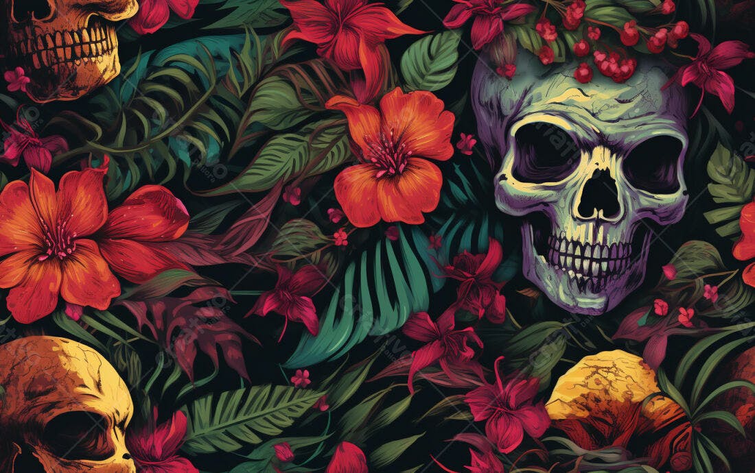 Textura Caveira com Flores Tropicais para Fundo