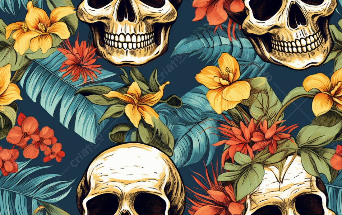 Textura Caveiras Tropicais para Papel de Parede