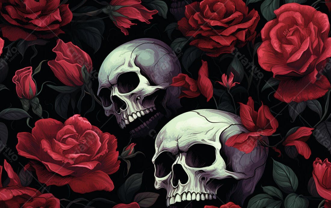 Textura Caveiras e Rosas Vermelhas para Fundo Escuro