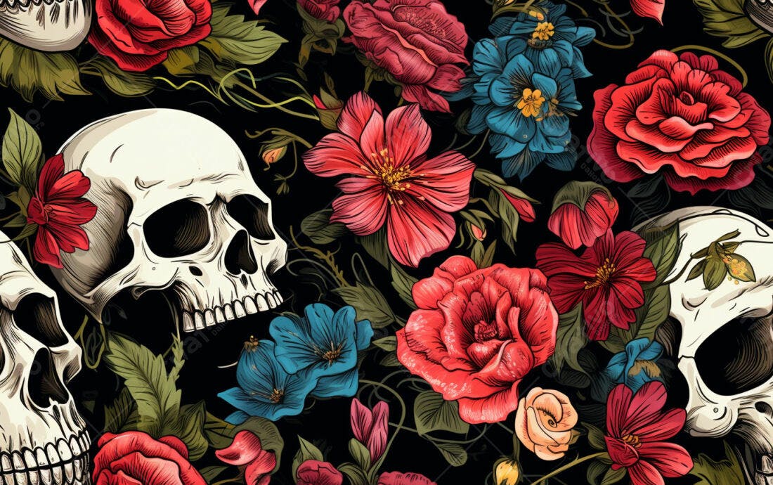 Textura caveiras e flores para fundo gótico